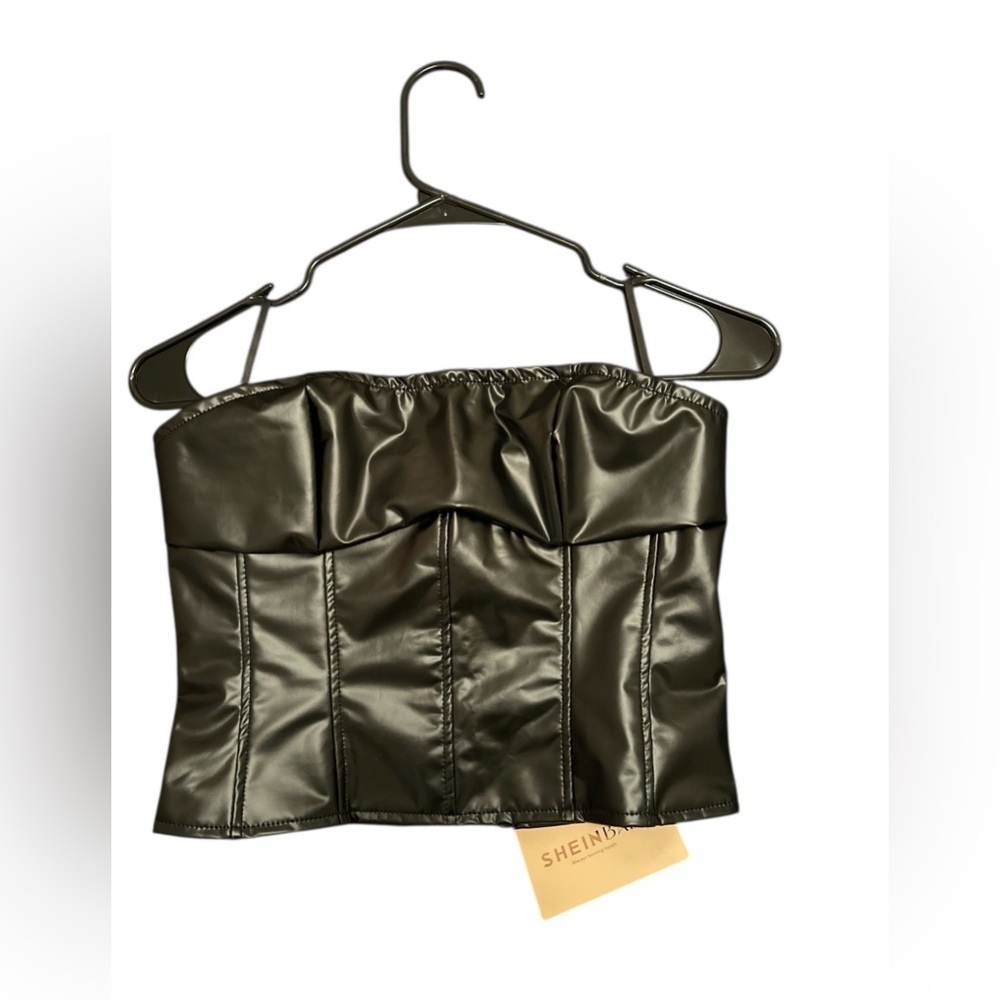 SHEIN BAE Black Faux Leather Strapless Corset Crop Top - Size Medium